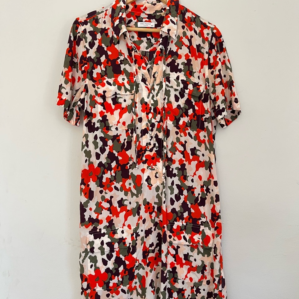 Equipment Silk Camo Print Shirt Dress Lace-Up Sz M Red Green Mini